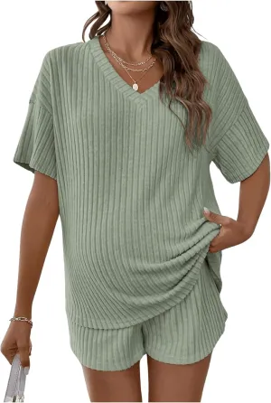 SweatyRocks Women's Maternity 2 Piece Outfits V Neck Short Sleeve Top and Elastic Waist Shorts Set