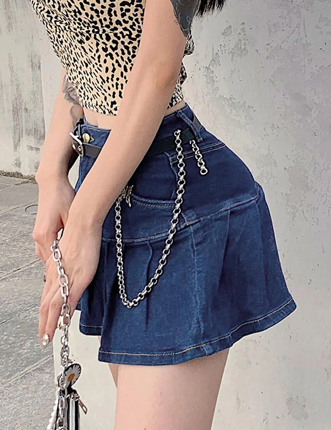 Tanming Women's Pleated Jean Skirt Casual A-Line Ruffle Y2K Mini Denim Skirt