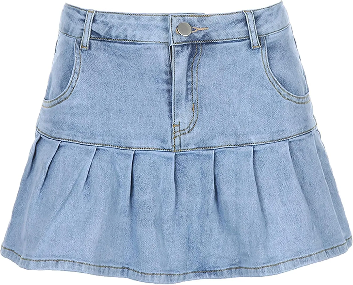 Tanming Women's Pleated Jean Skirt Casual A-Line Ruffle Y2K Mini Denim Skirt
