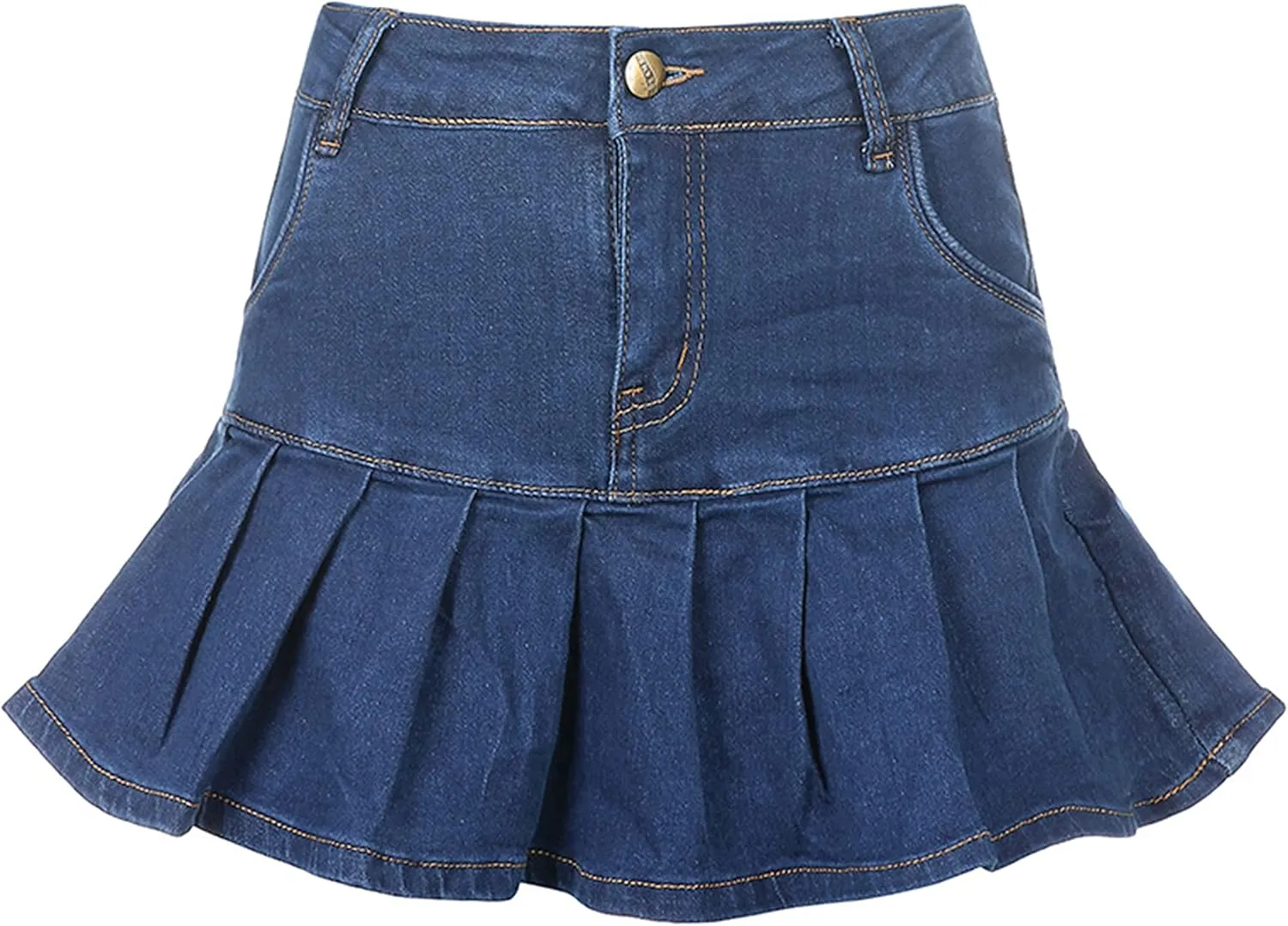 Tanming Women's Pleated Jean Skirt Casual A-Line Ruffle Y2K Mini Denim Skirt