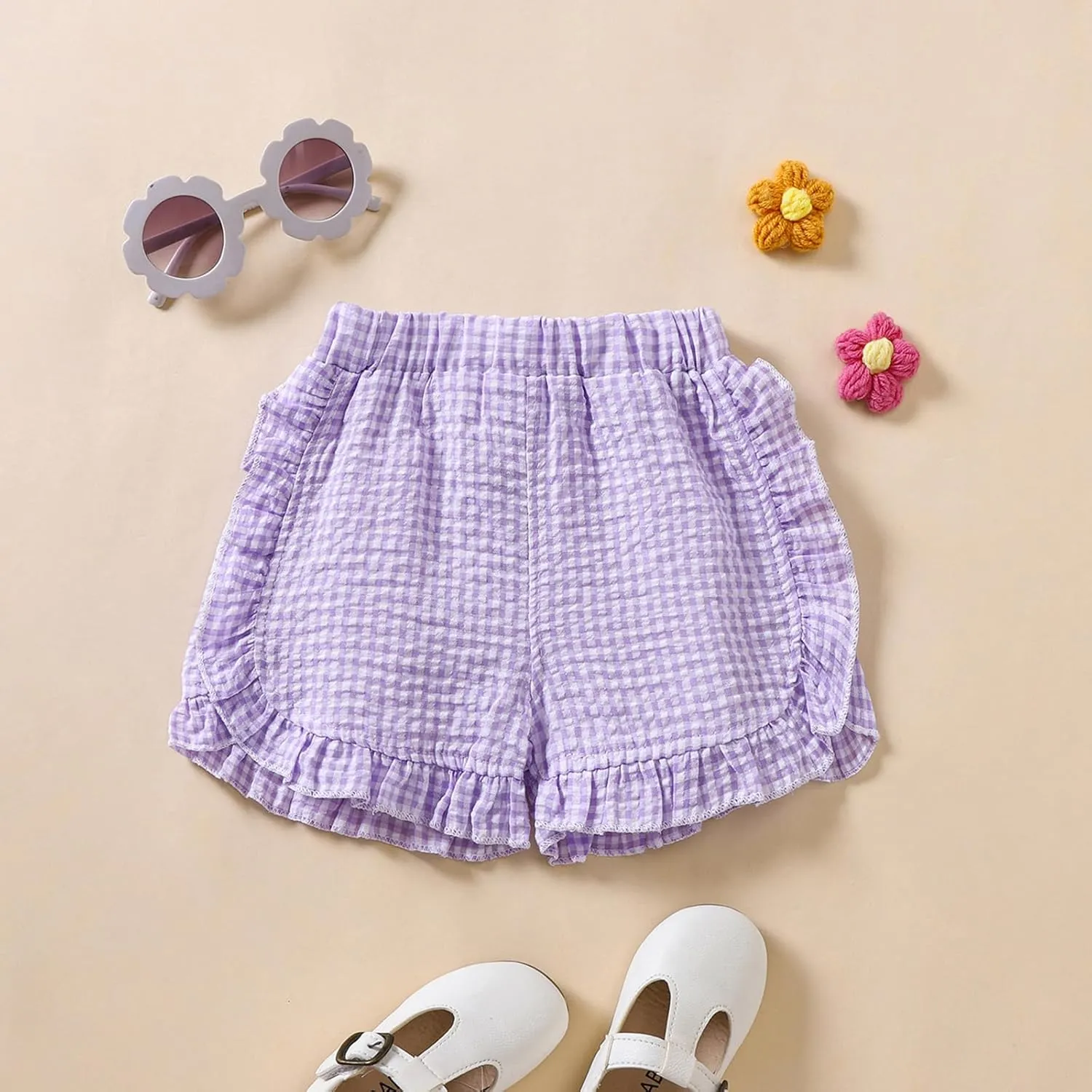 Toddler Baby Girl Ruffle Shorts Gingham Plaid/Solid Elastic Waist Shorts Pants Bottoms Casual Summer Outfit