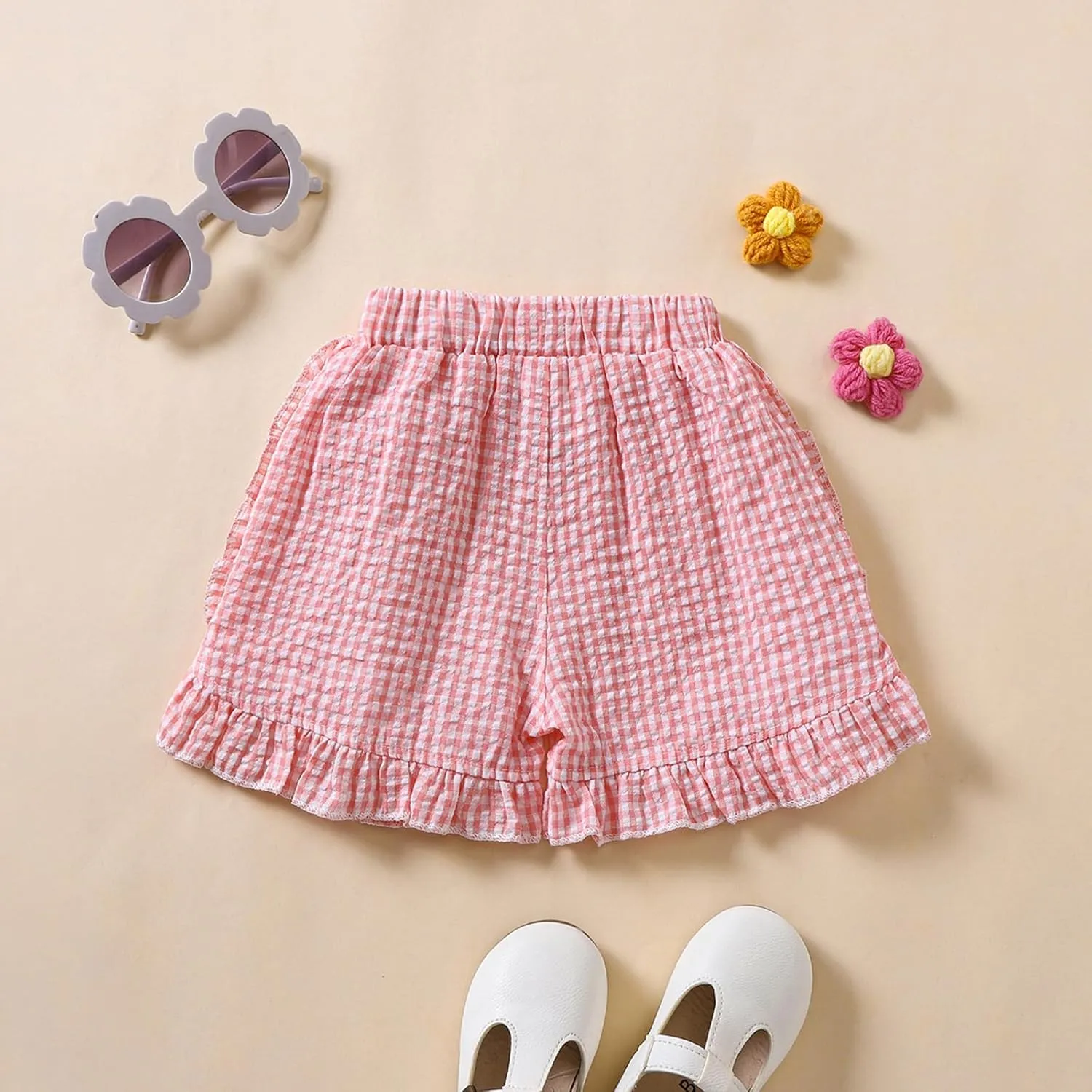 Toddler Baby Girl Ruffle Shorts Gingham Plaid/Solid Elastic Waist Shorts Pants Bottoms Casual Summer Outfit