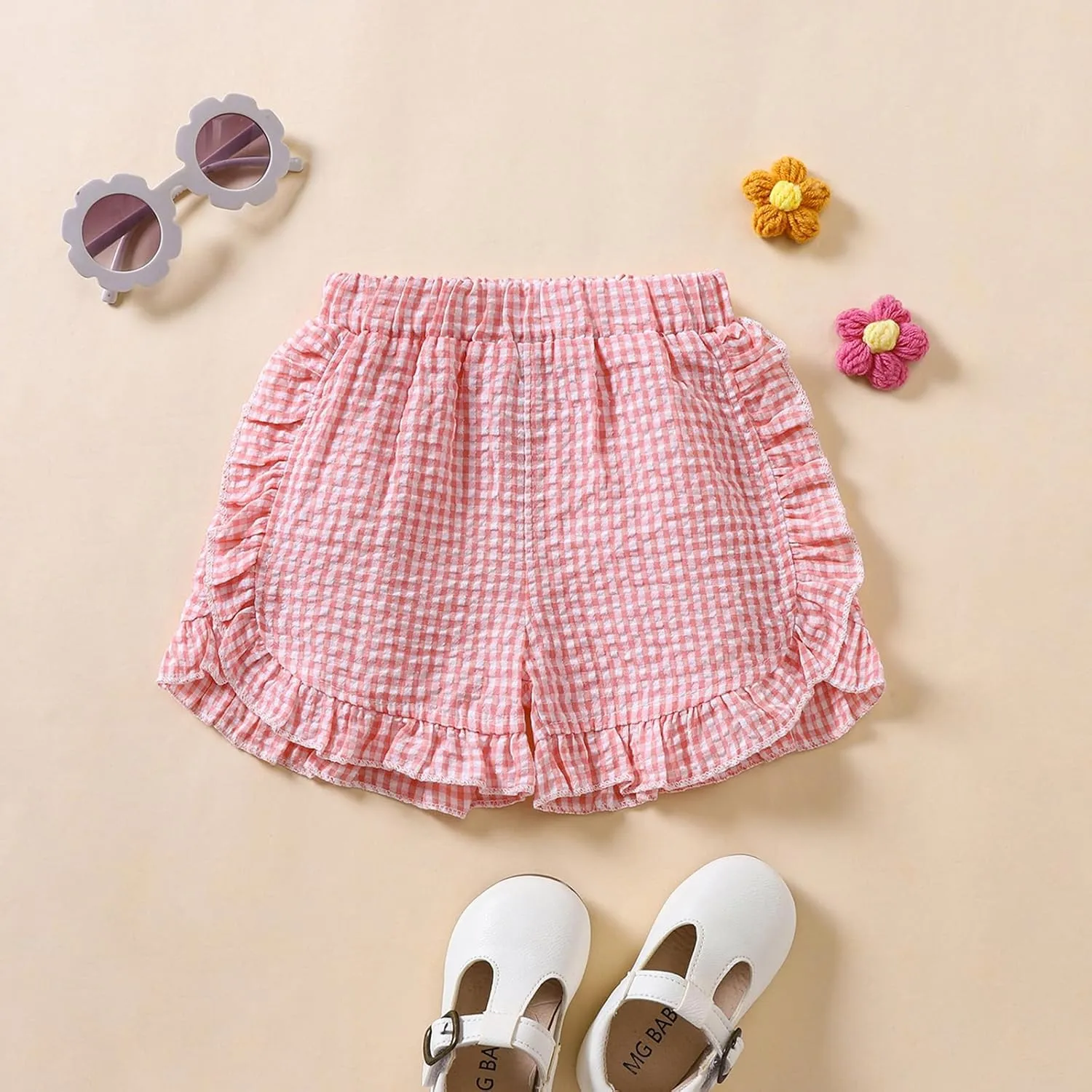 Toddler Baby Girl Ruffle Shorts Gingham Plaid/Solid Elastic Waist Shorts Pants Bottoms Casual Summer Outfit