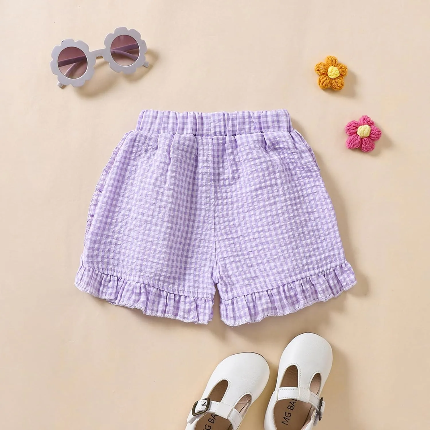 Toddler Baby Girl Ruffle Shorts Gingham Plaid/Solid Elastic Waist Shorts Pants Bottoms Casual Summer Outfit