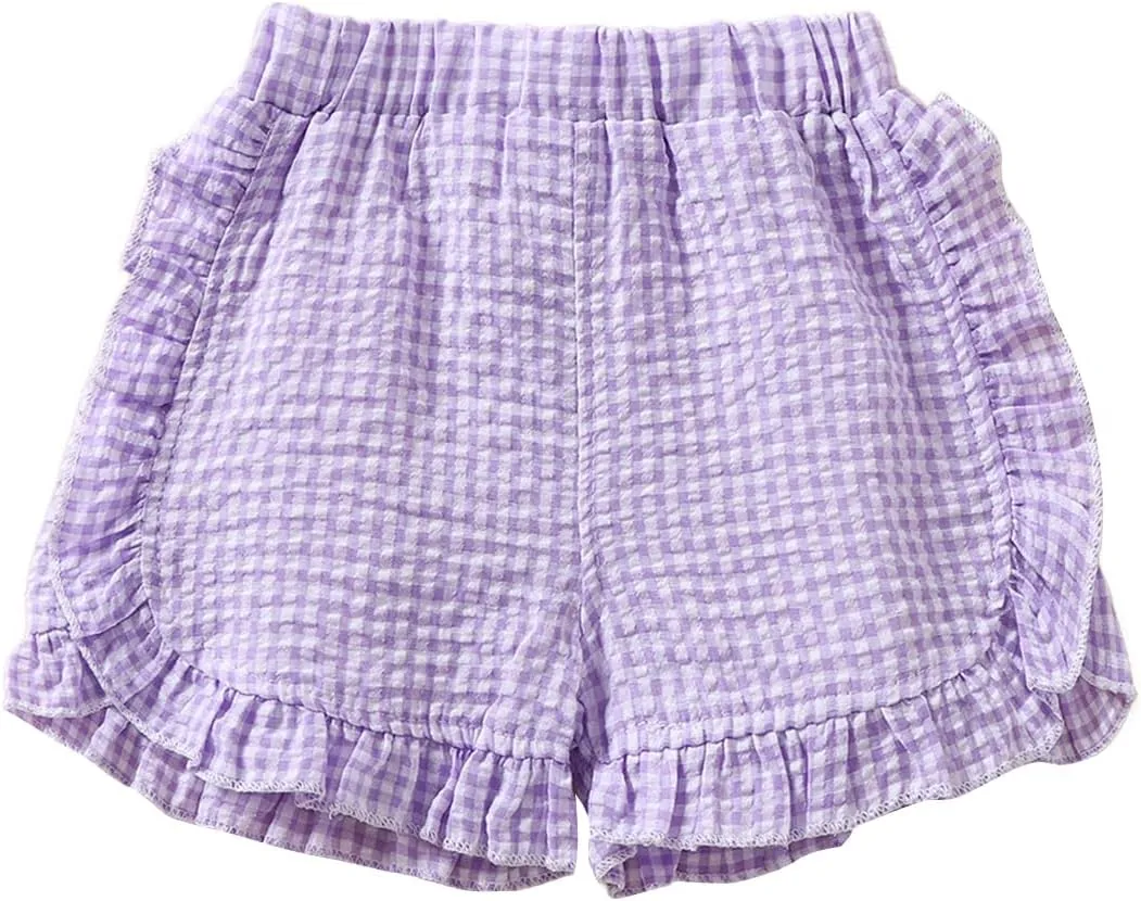 Toddler Baby Girl Ruffle Shorts Gingham Plaid/Solid Elastic Waist Shorts Pants Bottoms Casual Summer Outfit