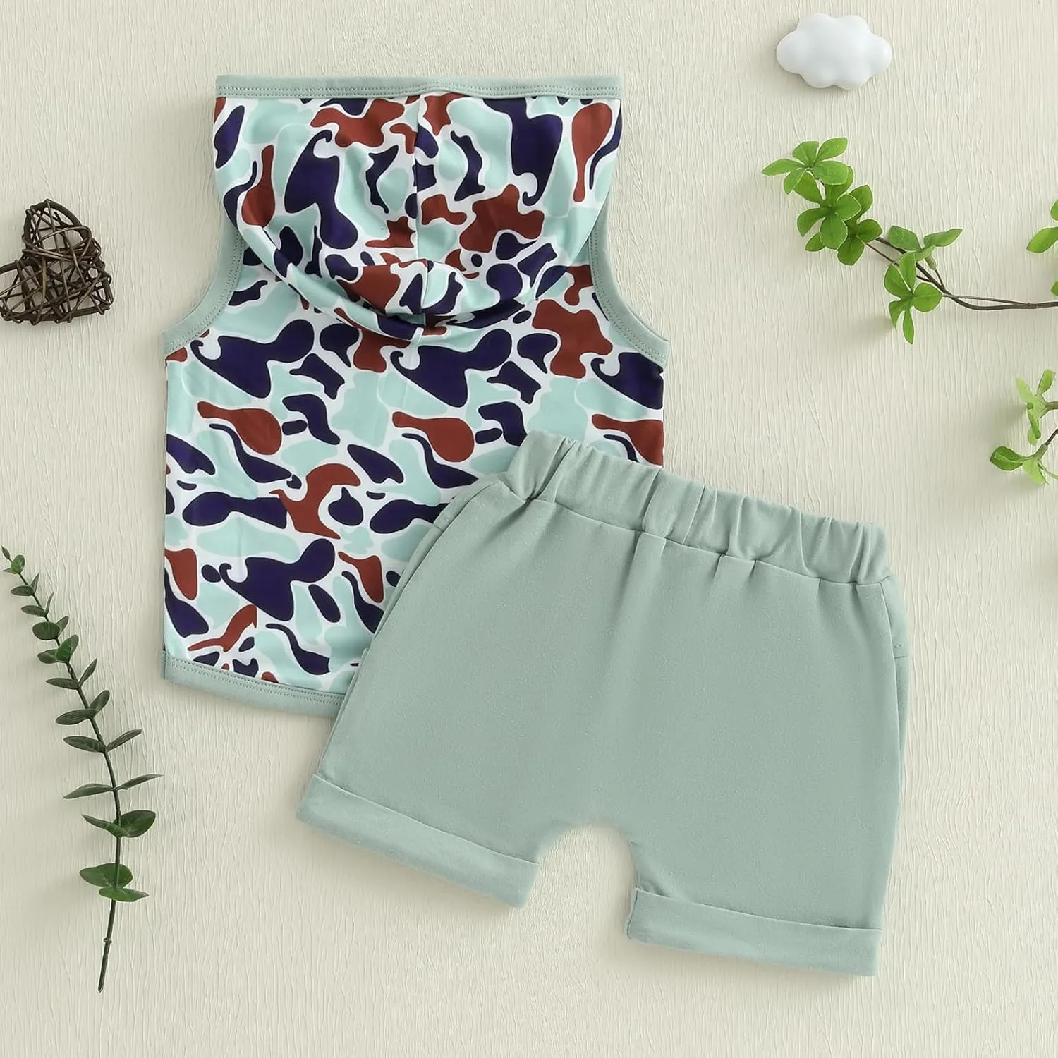 Toddler Boys Summer Outfits Camouflage Hooded Sleeveless Tank Tops Elastic Waist Shorts 2Pcs Clothes Set