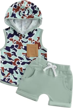 Toddler Boys Summer Outfits Camouflage Hooded Sleeveless Tank Tops Elastic Waist Shorts 2Pcs Clothes Set