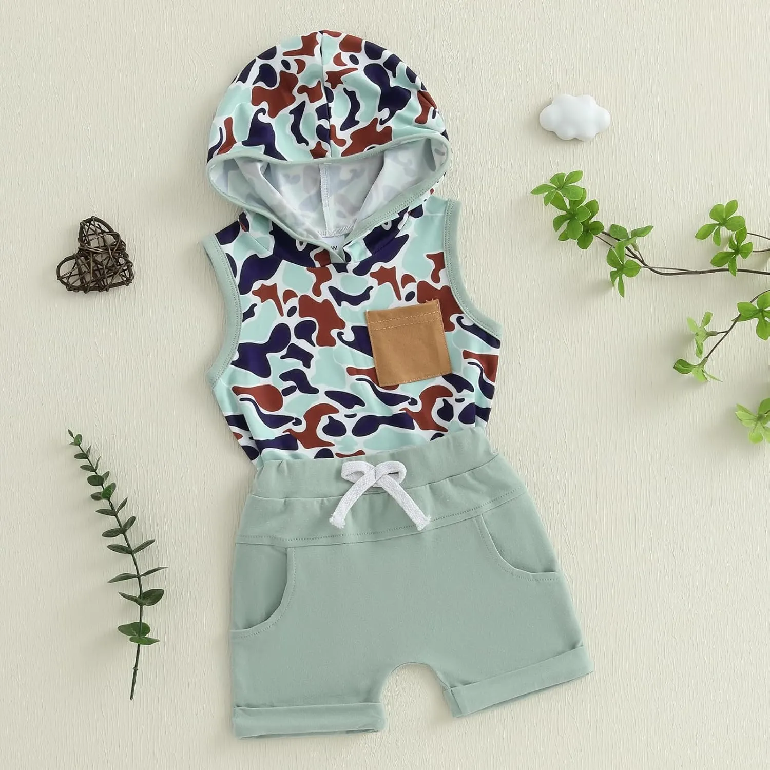 Toddler Boys Summer Outfits Camouflage Hooded Sleeveless Tank Tops Elastic Waist Shorts 2Pcs Clothes Set