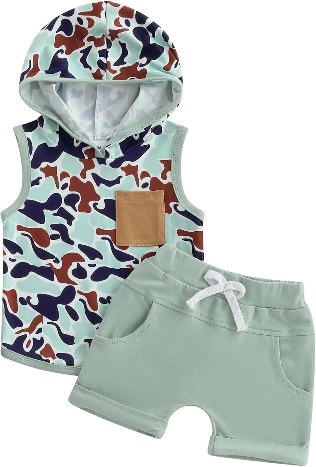Toddler Boys Summer Outfits Camouflage Hooded Sleeveless Tank Tops Elastic Waist Shorts 2Pcs Clothes Set