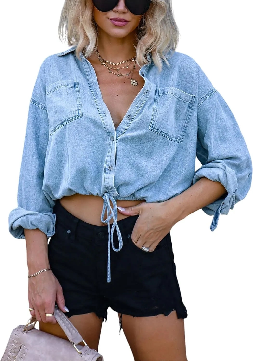 Unilexi Women's 3/4 Sleeve Colored Cropped Denim Jacket Light Wash Short Jean Jacket Trucker Coat