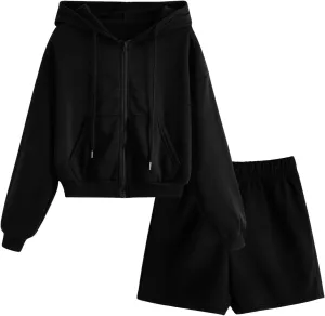 Verdusa Women's 2 Piece Outfits Sweatsuits Zip Up Hoodie Elastic Waist Shorts Lounge Sets Sweat Sets
