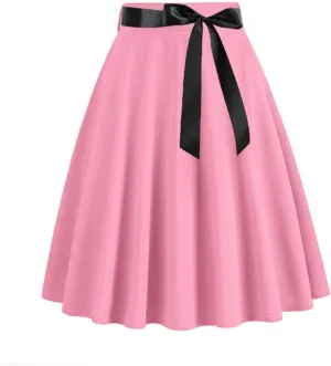 Vintage High Waist A Line Skirt for Women Retro Swing Midi Skirts with Satin Bow Elegant Tea Skirt