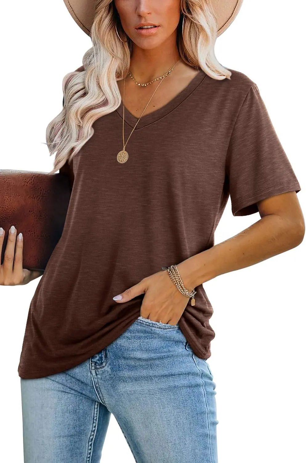 WIHOLL Womens Tops Casual Short Sleeve V Neck T Shirts