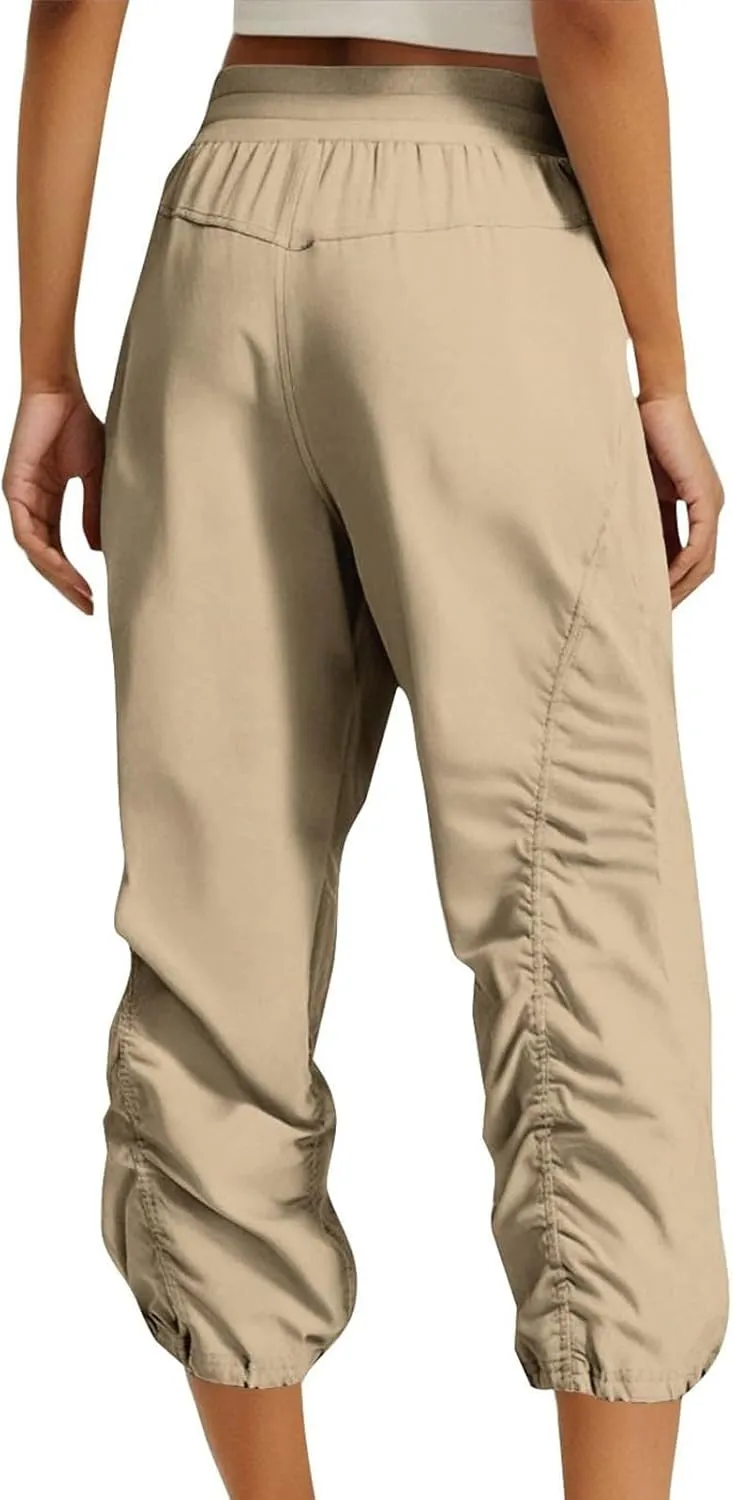 Women Capri Pants Wide Leg Cropped Pants Drawstring Elastic High Waist Pant Casual Baggy Jogger Quick Dry Flowy Trouser