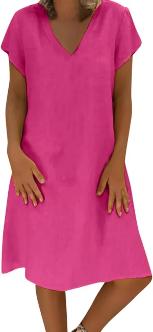 Women Cotton Linen T Shirt Dress V Neck Short Sleeve Summer Causal Tunic Beach Dresses 2025 Trendy Vacation Outfits