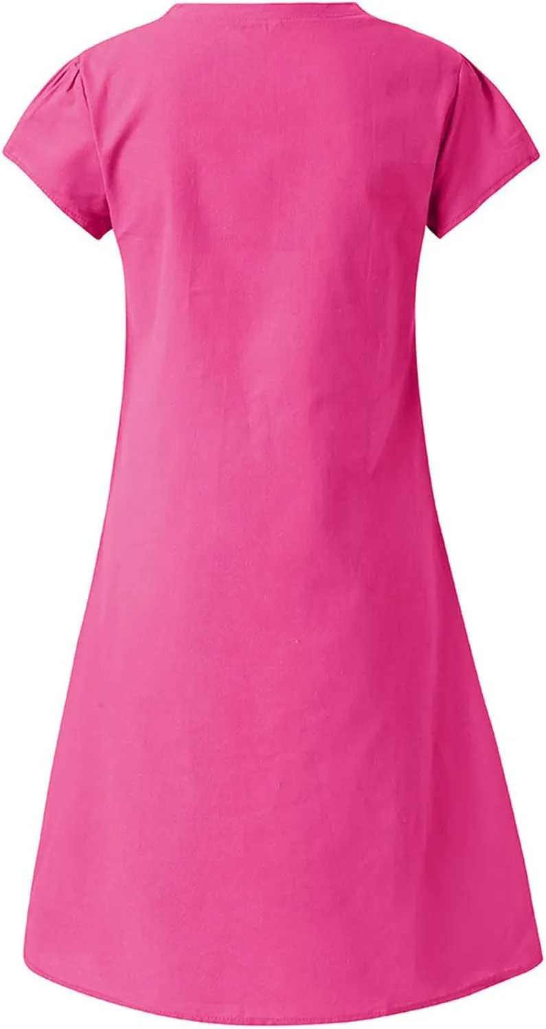 Women Cotton Linen T Shirt Dress V Neck Short Sleeve Summer Causal Tunic Beach Dresses 2025 Trendy Vacation Outfits