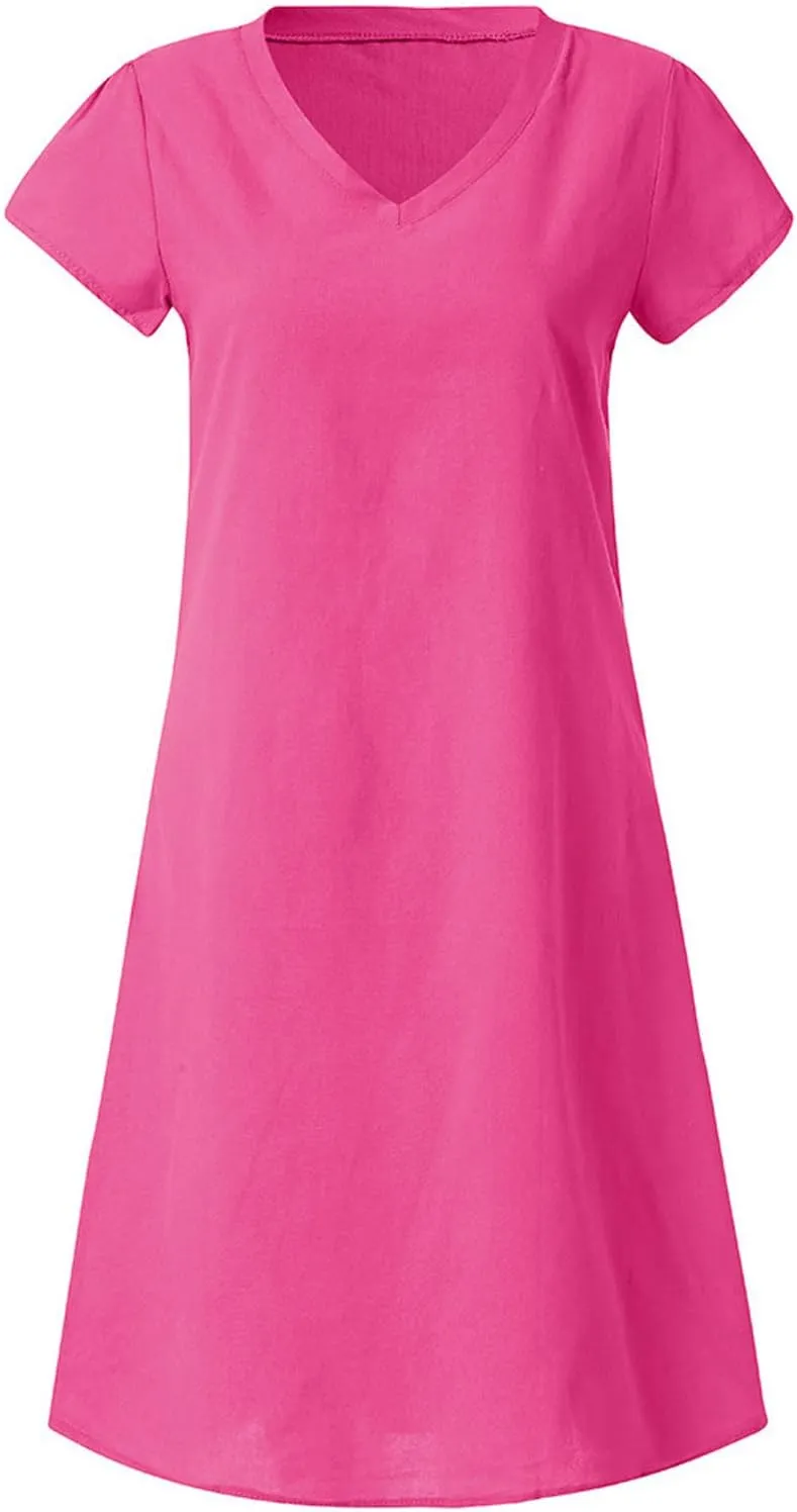 Women Cotton Linen T Shirt Dress V Neck Short Sleeve Summer Causal Tunic Beach Dresses 2025 Trendy Vacation Outfits
