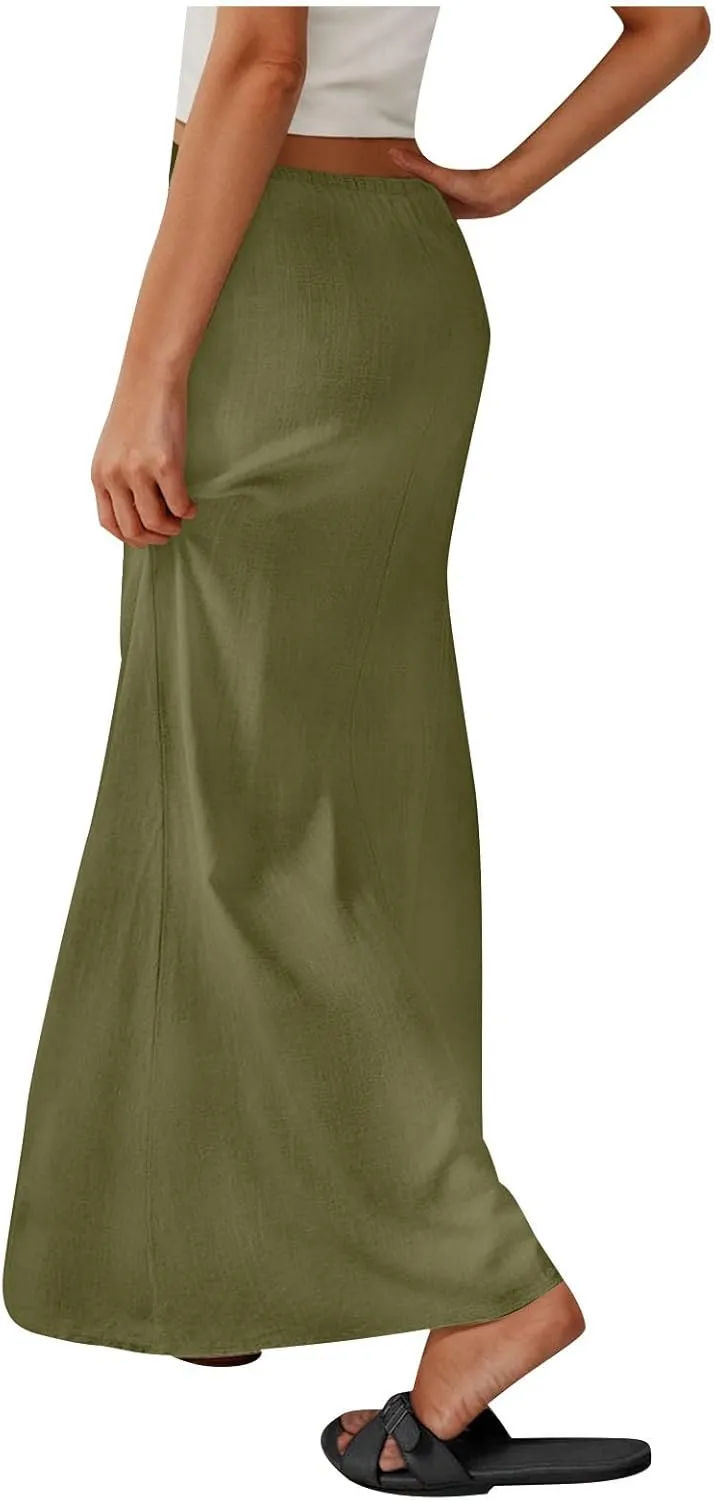 Women Faux Cotton Linen Maxi Skirts Trendy Elastic Waist Drawstring Tie-up Plain Comfy Summer A Line Long Skirt