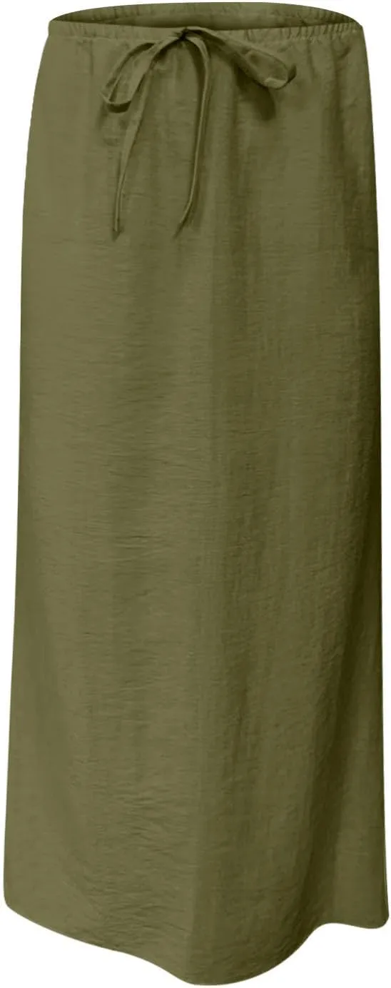 Women Faux Cotton Linen Maxi Skirts Trendy Elastic Waist Drawstring Tie-up Plain Comfy Summer A Line Long Skirt
