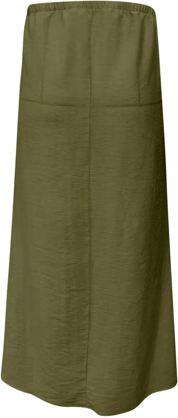 Women Faux Cotton Linen Maxi Skirts Trendy Elastic Waist Drawstring Tie-up Plain Comfy Summer A Line Long Skirt