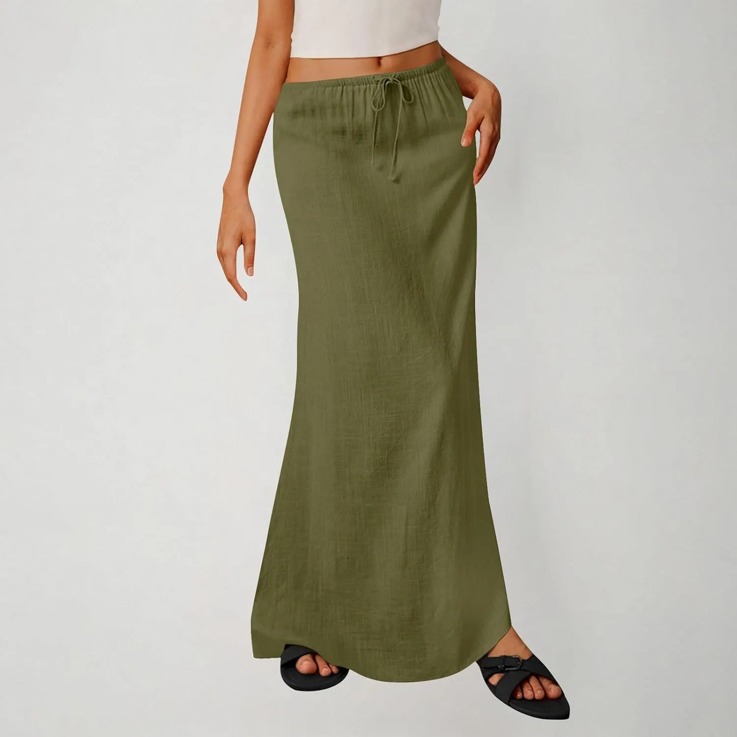 Women Faux Cotton Linen Maxi Skirts Trendy Elastic Waist Drawstring Tie-up Plain Comfy Summer A Line Long Skirt