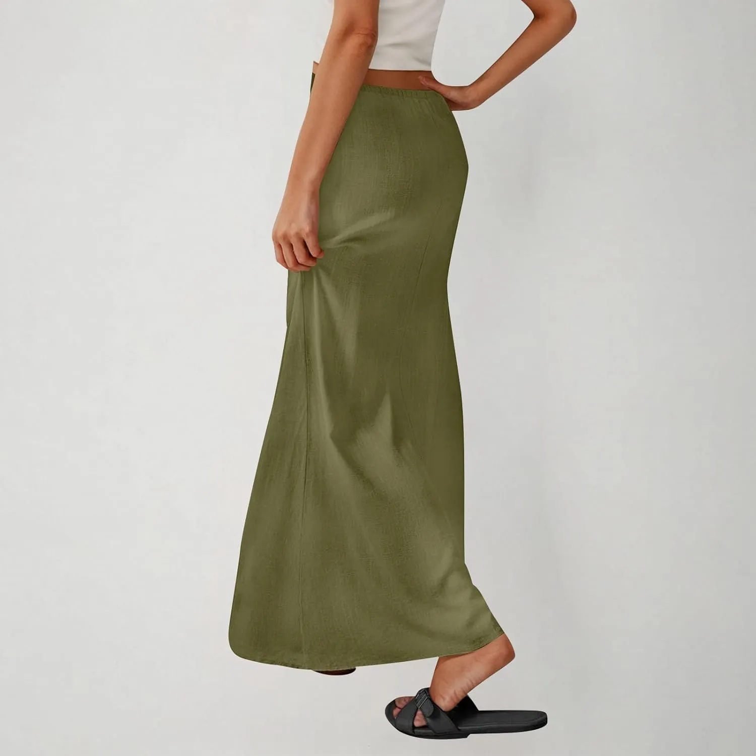Women Faux Cotton Linen Maxi Skirts Trendy Elastic Waist Drawstring Tie-up Plain Comfy Summer A Line Long Skirt