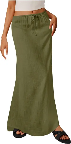 Women Faux Cotton Linen Maxi Skirts Trendy Elastic Waist Drawstring Tie-up Plain Comfy Summer A Line Long Skirt