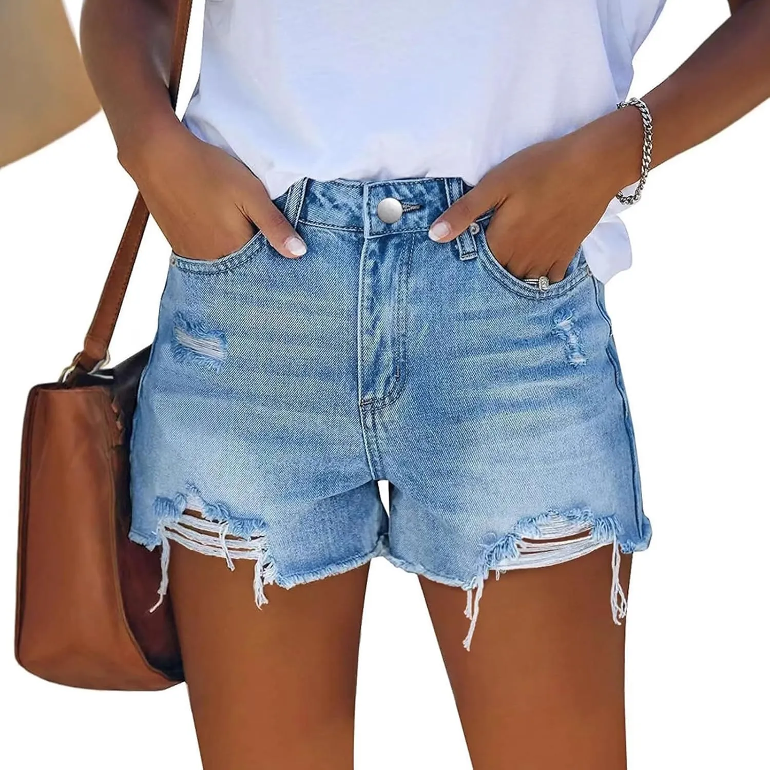 Women Jean Shorts High Waisted Denim Shorts Summer Casual Distressed Ripped Jeans Short Raw Hem Hot Short Jeans