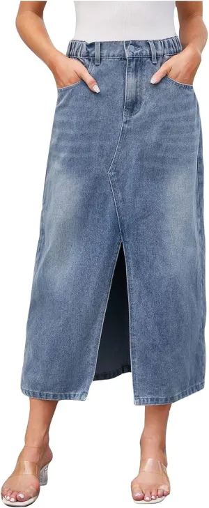 Women Jeans Midi Skirts Stretch High Waisted Elastic Waist Button Zipper Slit Front Casual Denim Skirt