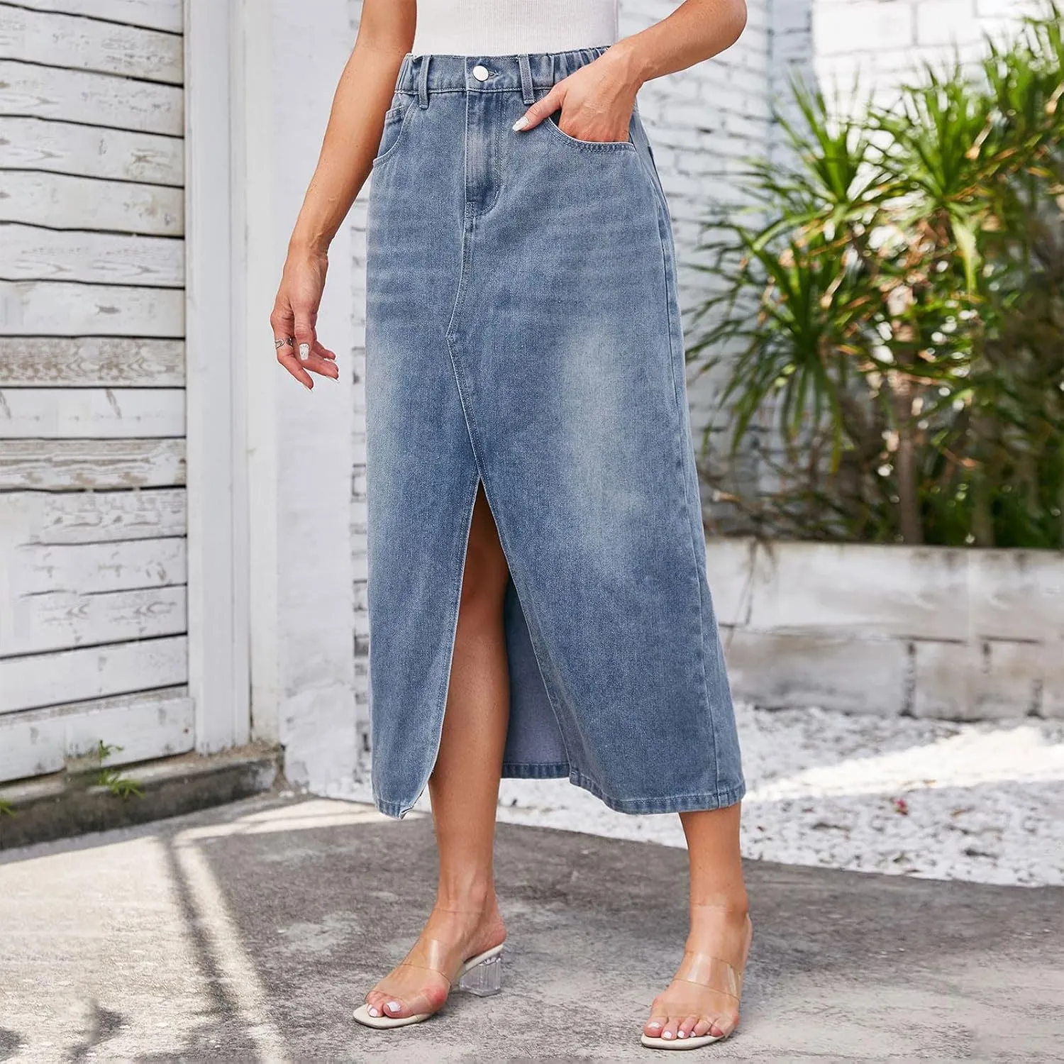 Women Jeans Midi Skirts Stretch High Waisted Elastic Waist Button Zipper Slit Front Casual Denim Skirt