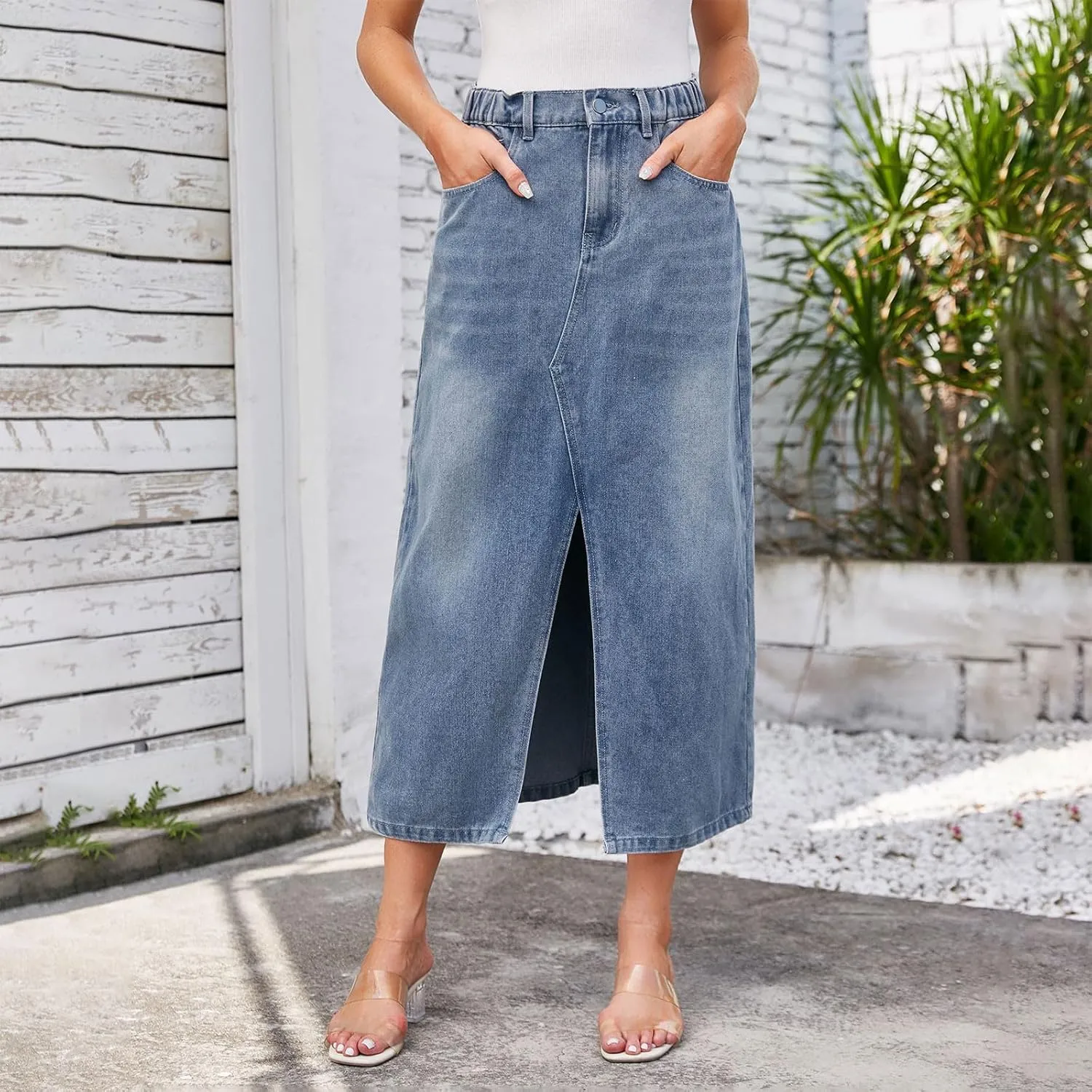 Women Jeans Midi Skirts Stretch High Waisted Elastic Waist Button Zipper Slit Front Casual Denim Skirt
