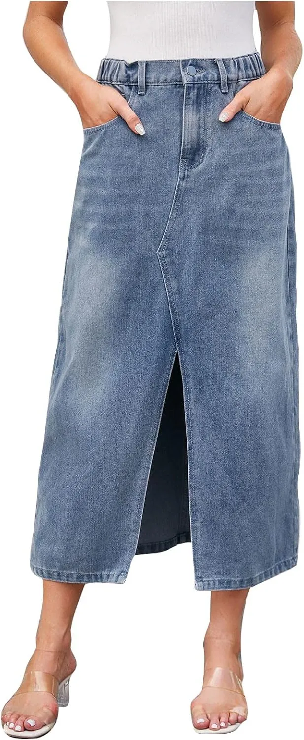 Women Jeans Midi Skirts Stretch High Waisted Elastic Waist Button Zipper Slit Front Casual Denim Skirt