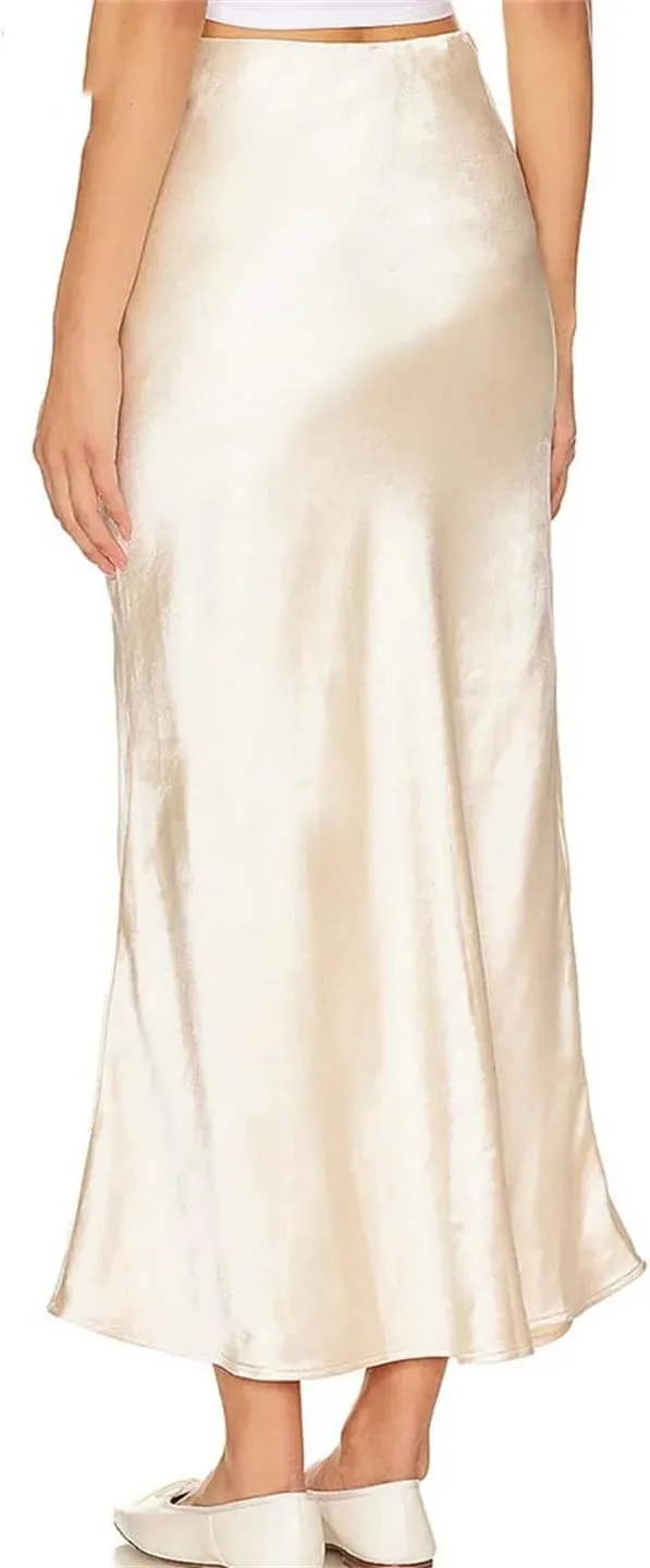 Women Long Satin Bodycon Skirts A-Line Sexy Slit Maxi Elastic Wasit Splicing Office Silk Skirt