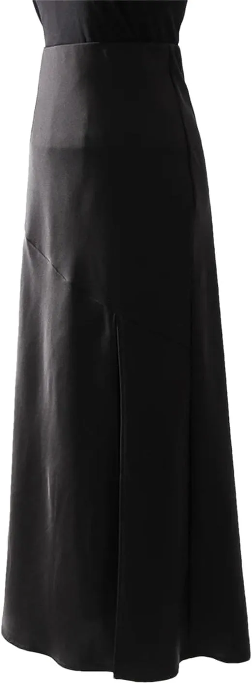 Women Long Satin Bodycon Skirts A-Line Sexy Slit Maxi Elastic Wasit Splicing Office Silk Skirt