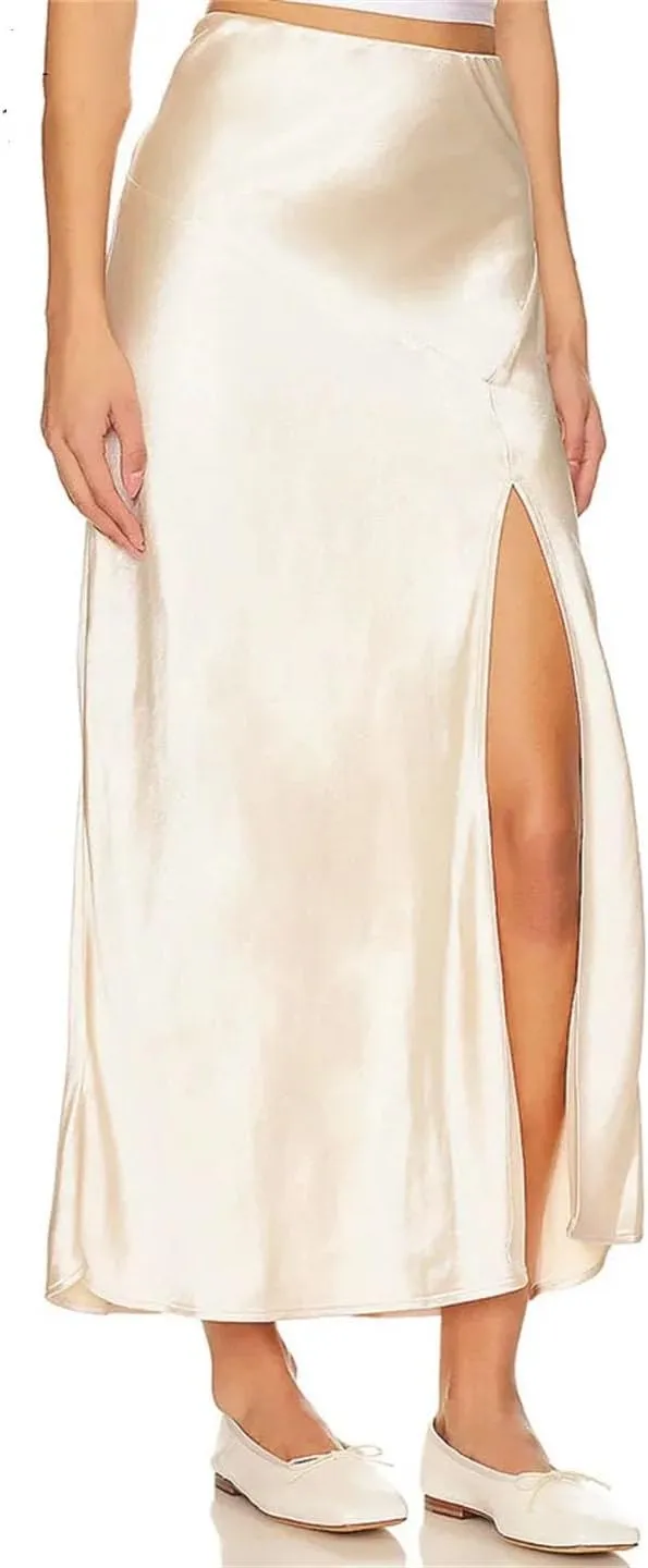 Women Long Satin Bodycon Skirts A-Line Sexy Slit Maxi Elastic Wasit Splicing Office Silk Skirt
