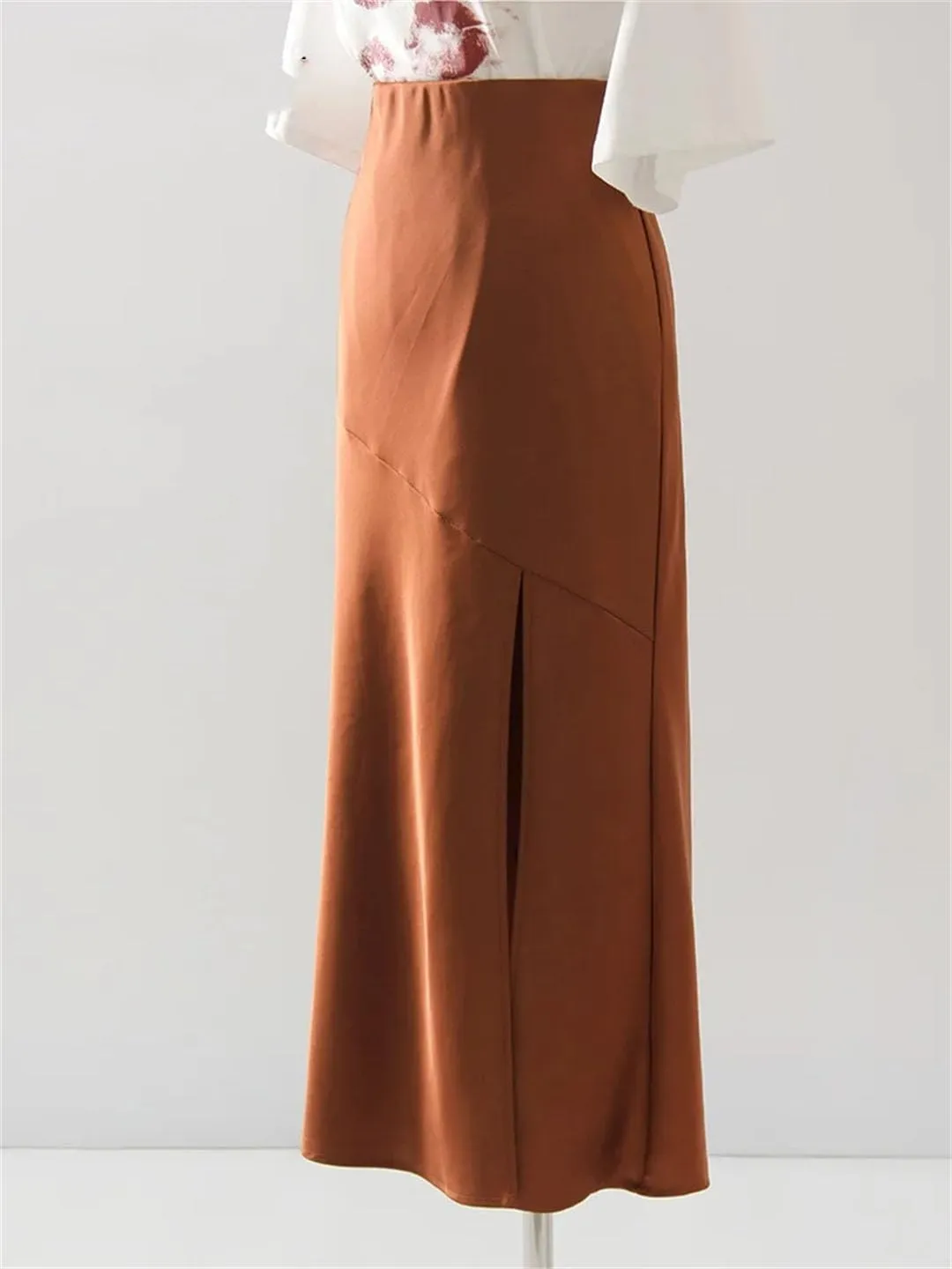 Women Long Satin Bodycon Skirts A-Line Sexy Slit Maxi Elastic Wasit Splicing Office Silk Skirt