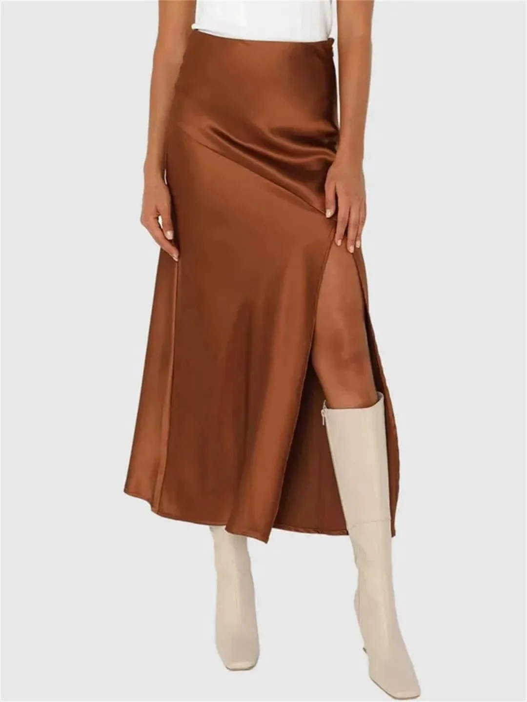 Women Long Satin Bodycon Skirts A-Line Sexy Slit Maxi Elastic Wasit Splicing Office Silk Skirt