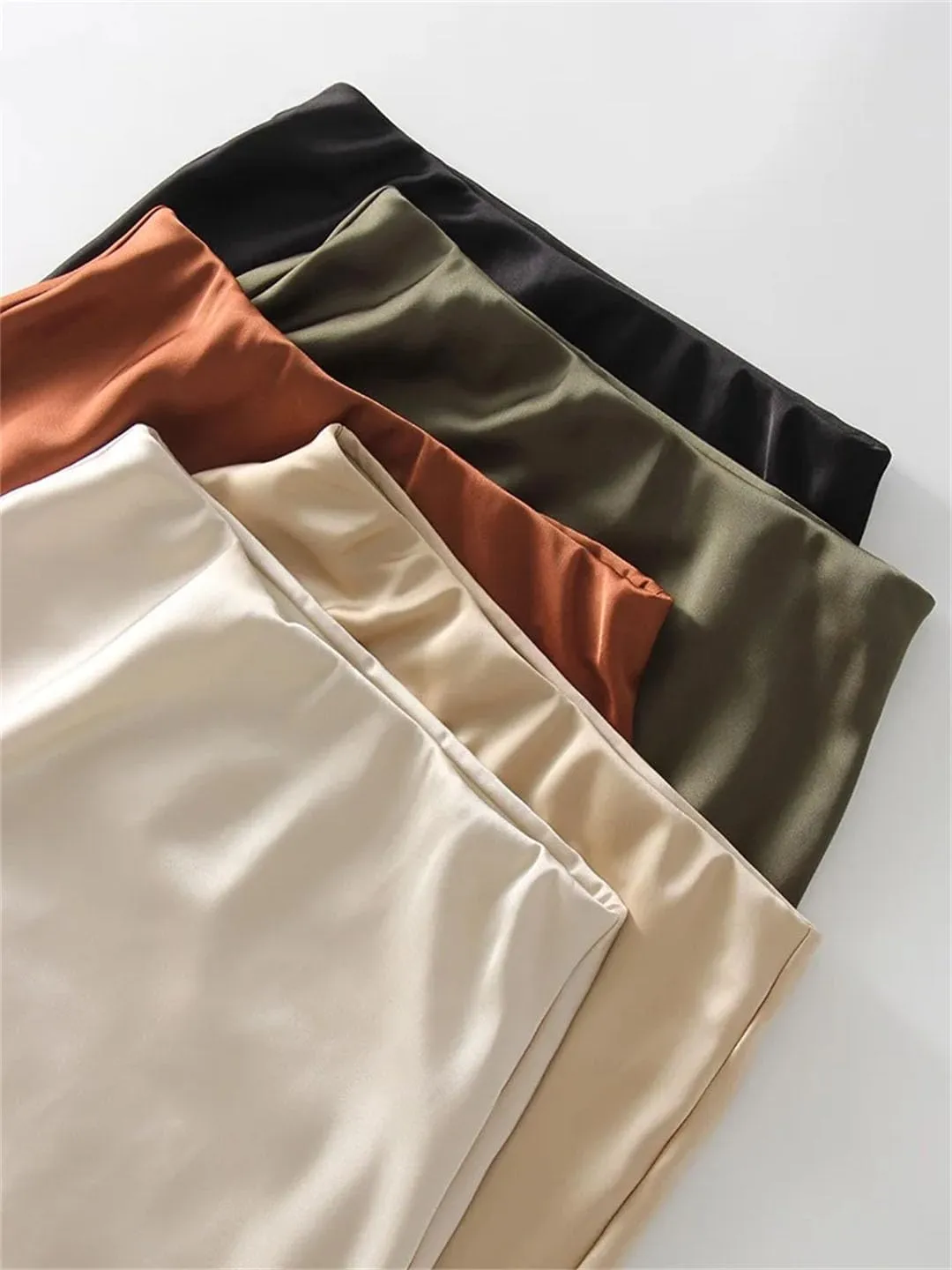 Women Long Satin Bodycon Skirts A-Line Sexy Slit Maxi Elastic Wasit Splicing Office Silk Skirt