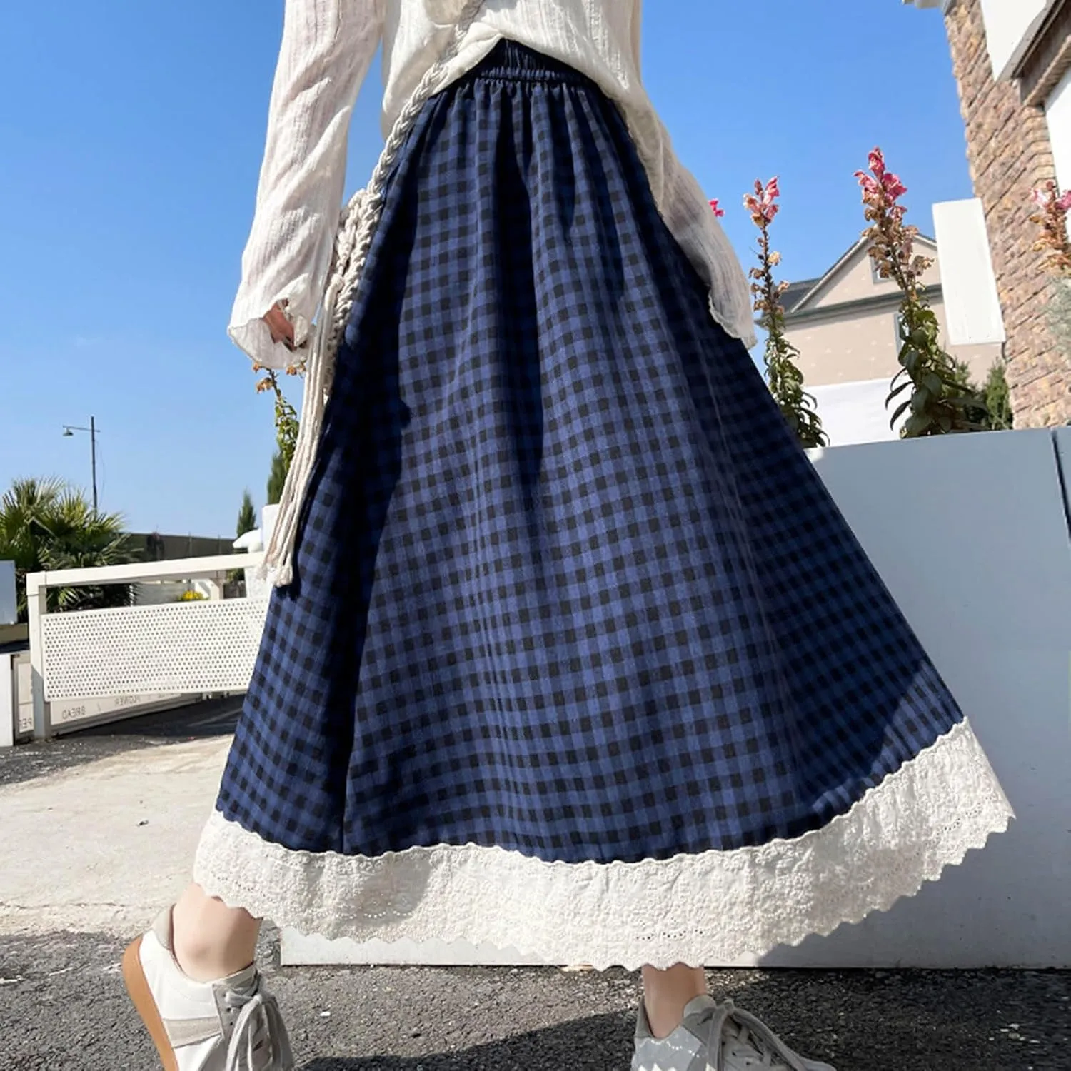 Women Plaid A-Line Swing Maxi Skirt Elastic High Waist Lace Eyelet Cute Long Skirts Summer Gingham Ruffle Skirt