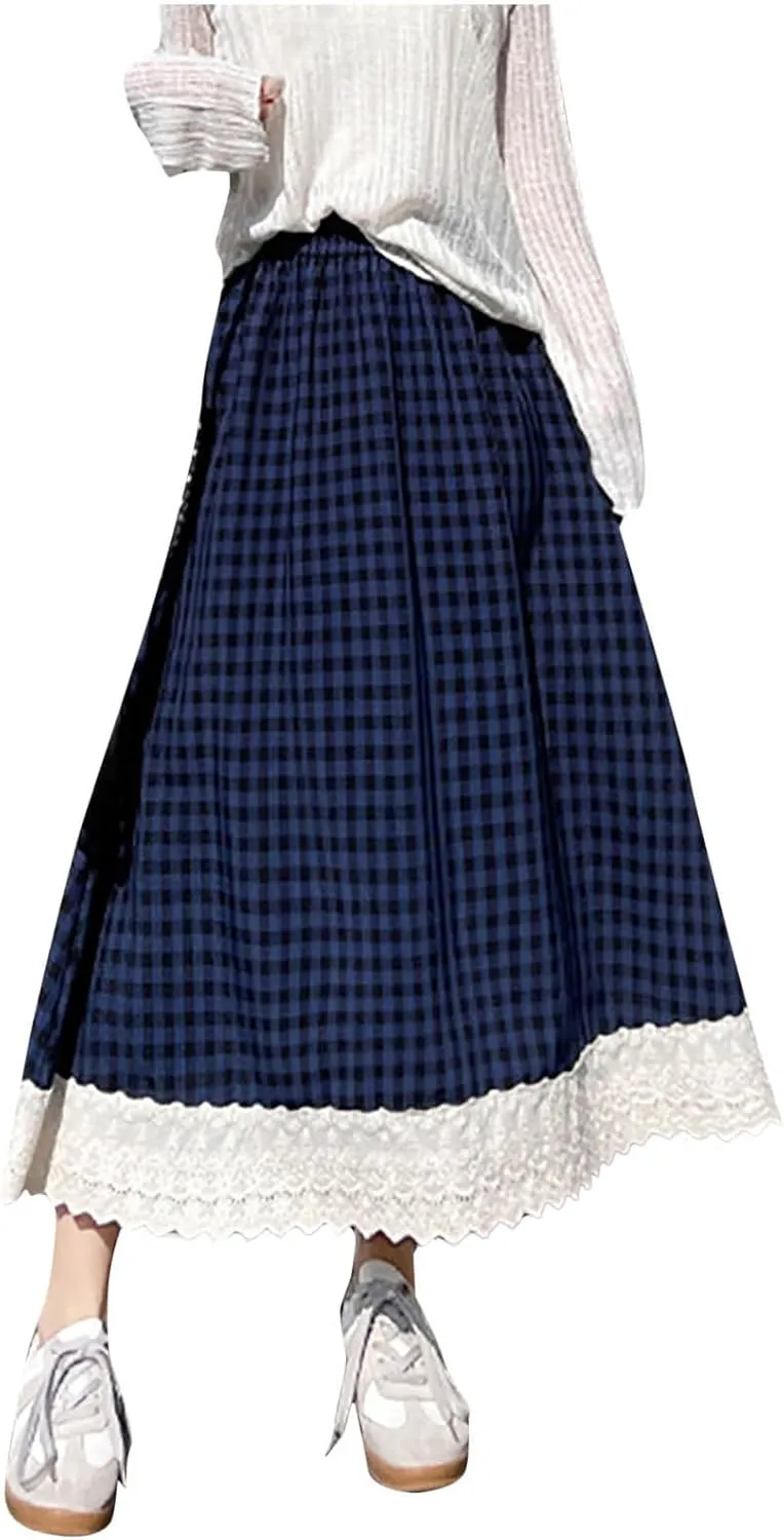 Women Plaid A-Line Swing Maxi Skirt Elastic High Waist Lace Eyelet Cute Long Skirts Summer Gingham Ruffle Skirt