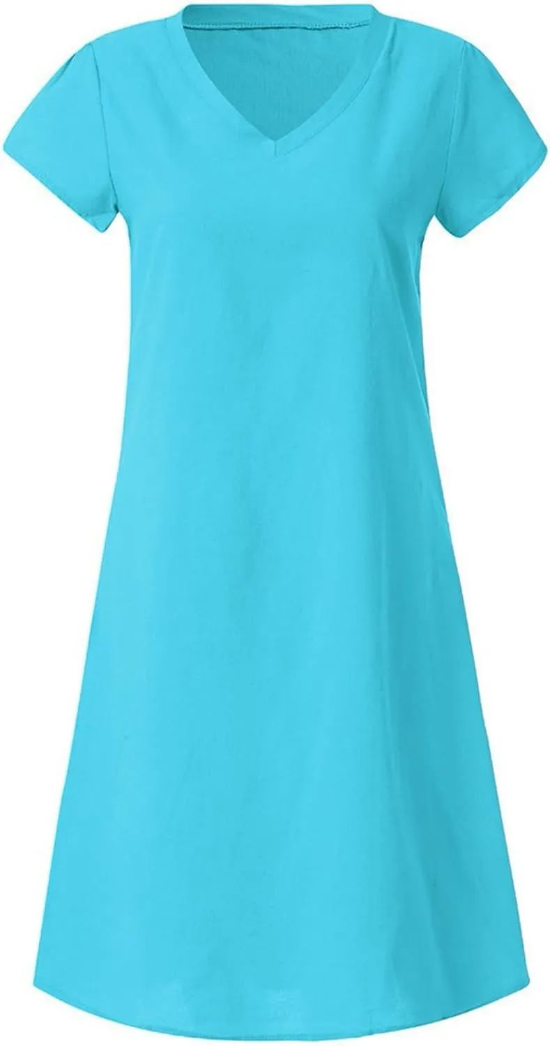 Women Plus Size Cotton Linen Dress Summer Solid Short Sleeve Shirt Dress Loose V-Neck Vacation Beach Dress Sundress
