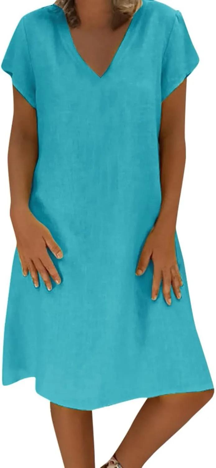Women Plus Size Cotton Linen Dress Summer Solid Short Sleeve Shirt Dress Loose V-Neck Vacation Beach Dress Sundress