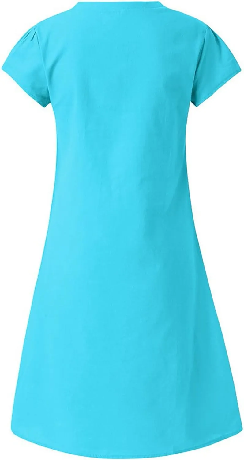 Women Plus Size Cotton Linen Dress Summer Solid Short Sleeve Shirt Dress Loose V-Neck Vacation Beach Dress Sundress