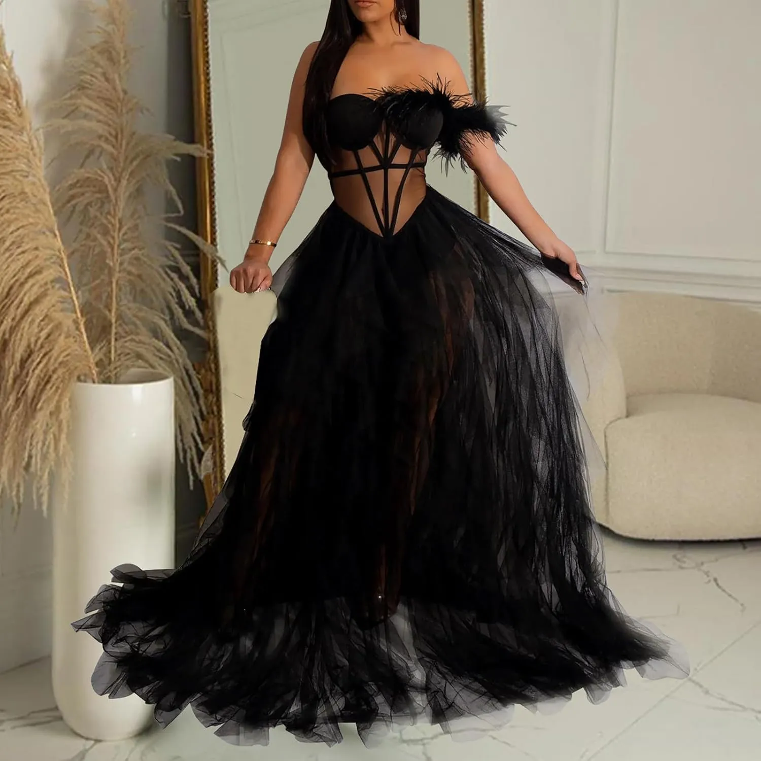 Women Sexy Tulle Dress Crochet Lace Mesh See Through Maxi Cocktail Party Dress Strapless Boho Wedding Guest Dresses