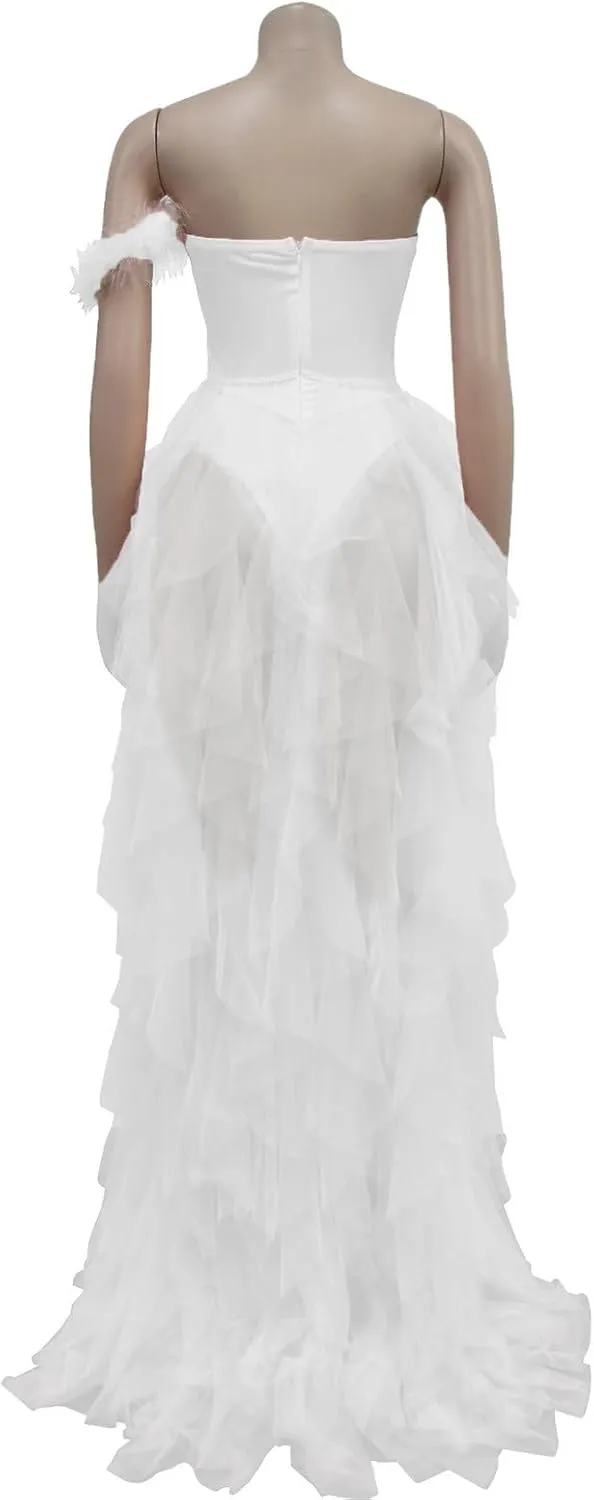 Women Sexy Tulle Dress Crochet Lace Mesh See Through Maxi Cocktail Party Dress Strapless Boho Wedding Guest Dresses