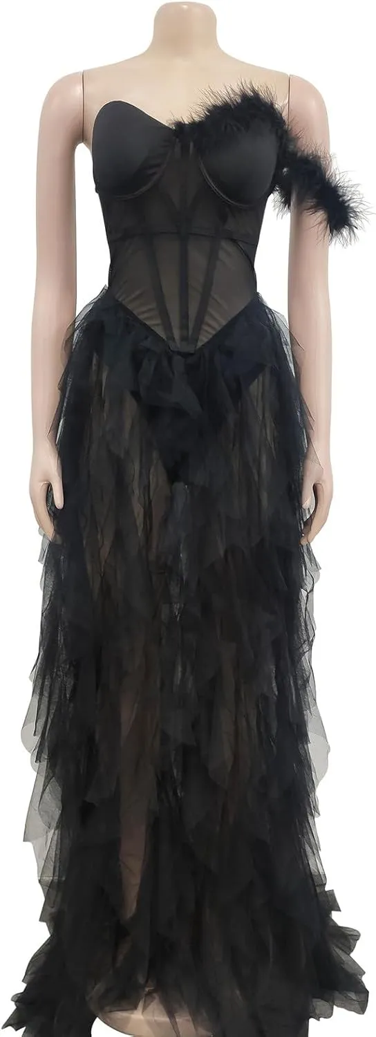 Women Sexy Tulle Dress Crochet Lace Mesh See Through Maxi Cocktail Party Dress Strapless Boho Wedding Guest Dresses