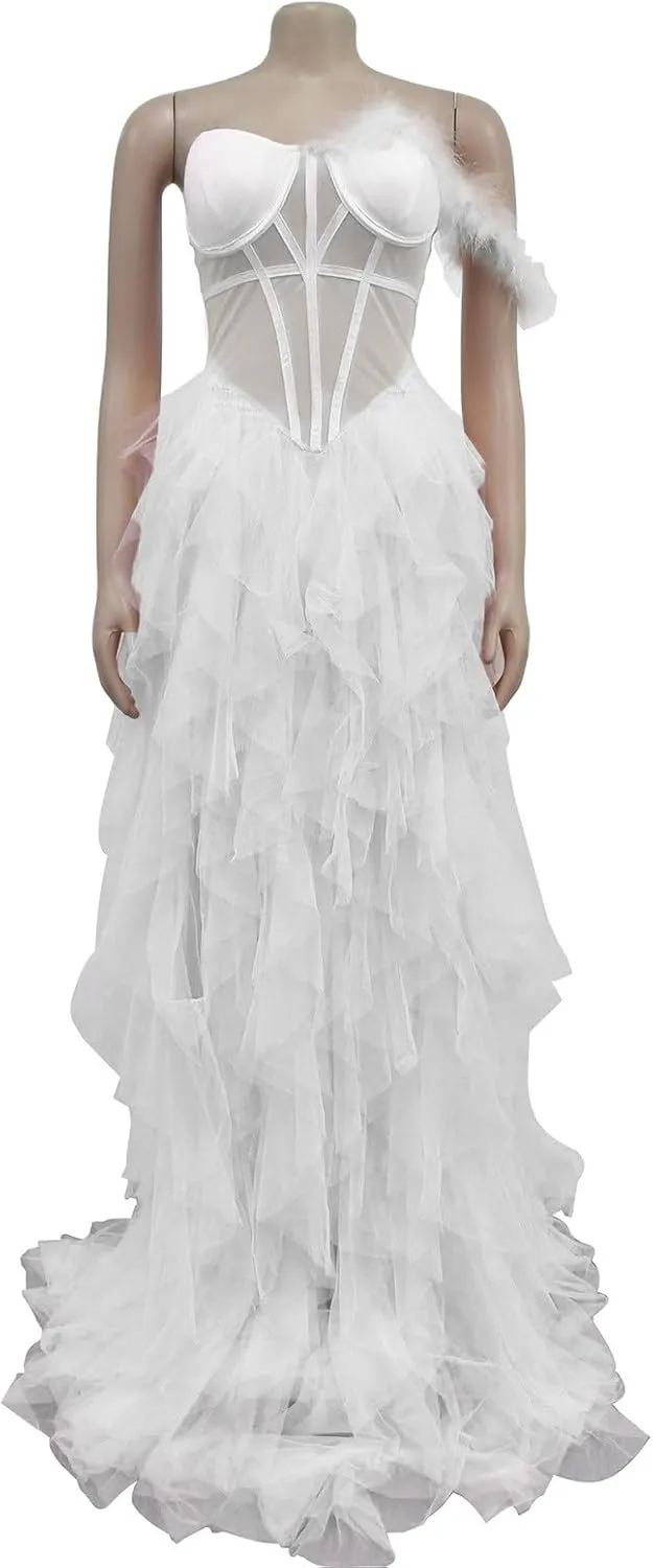 Women Sexy Tulle Dress Crochet Lace Mesh See Through Maxi Cocktail Party Dress Strapless Boho Wedding Guest Dresses