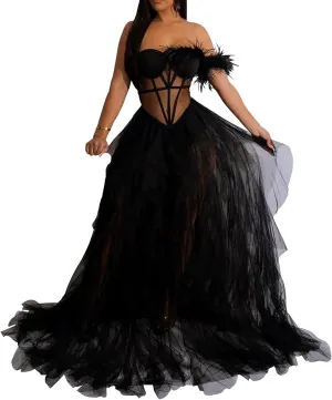 Women Sexy Tulle Dress Crochet Lace Mesh See Through Maxi Cocktail Party Dress Strapless Boho Wedding Guest Dresses