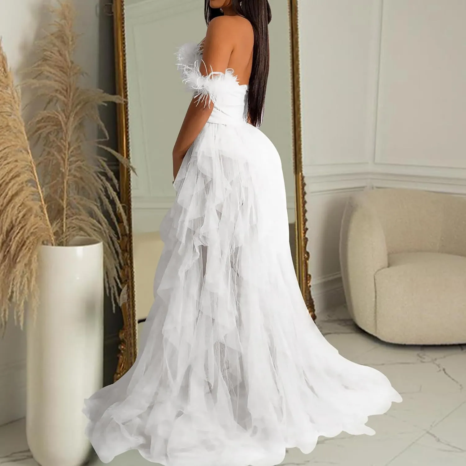 Women Sexy Tulle Dress Crochet Lace Mesh See Through Maxi Cocktail Party Dress Strapless Boho Wedding Guest Dresses