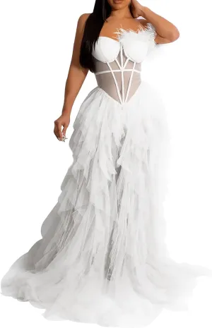 Women Sexy Tulle Dress Crochet Lace Mesh See Through Maxi Cocktail Party Dress Strapless Boho Wedding Guest Dresses
